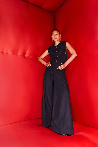 Maison Blu Boxy Bib With Bold Buttons Plus Flare Pant indian designer wear online shopping melange singapore