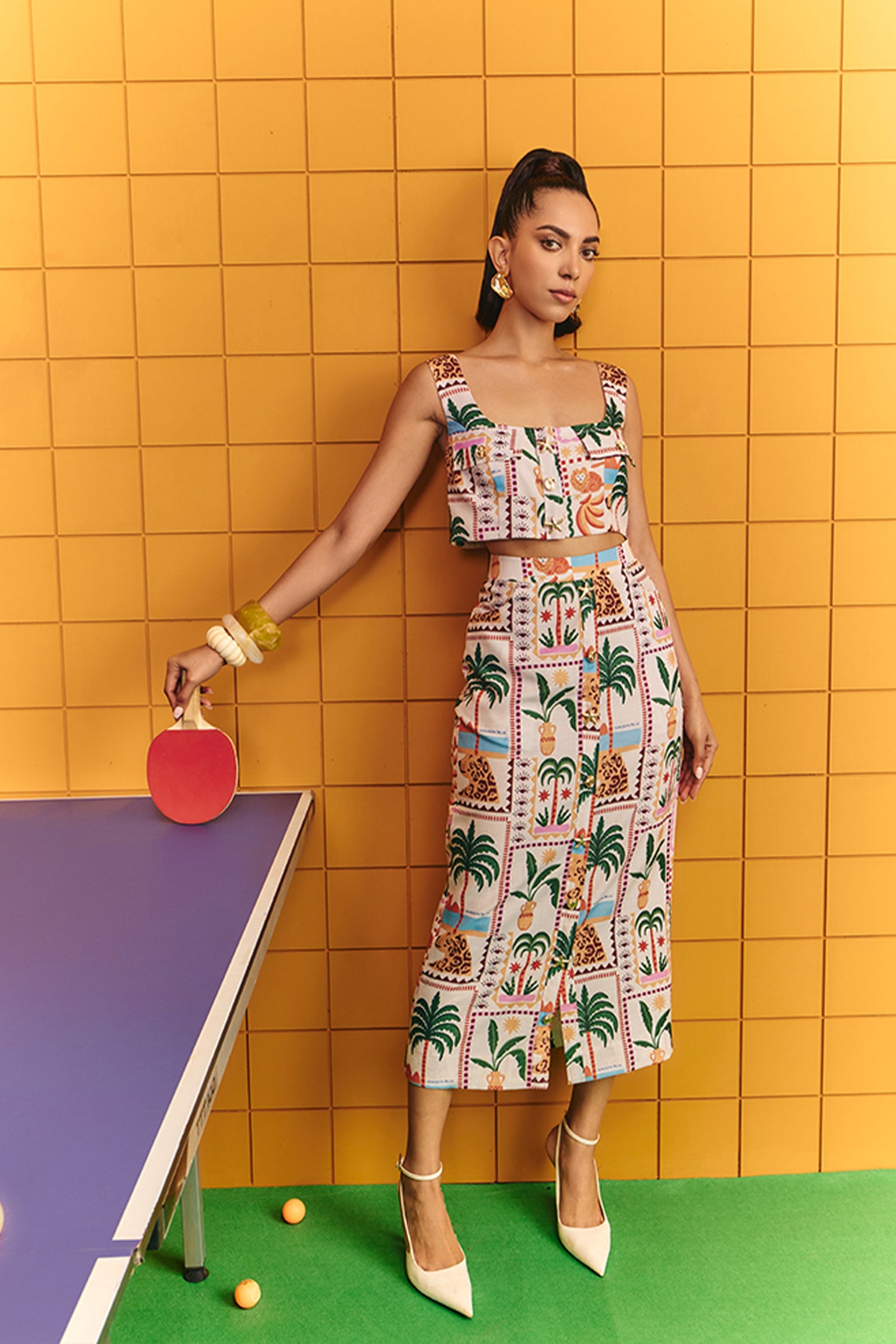 Maison Blu Boxy Crop With Bold Statement Buttons With Midi Skirt indian designer wear online shopping melange singapore
