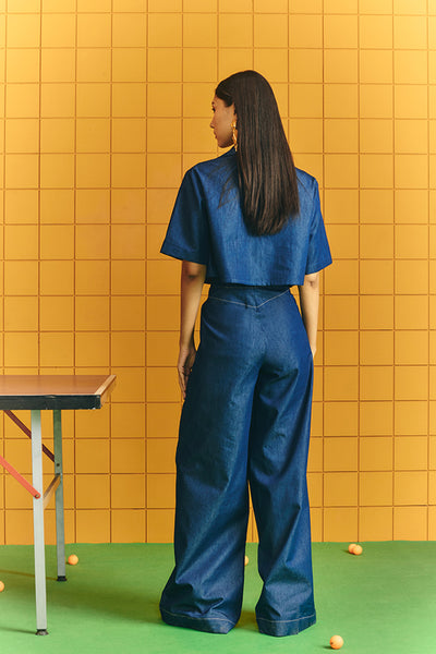 Maison Blu Crop Blazer With Assorted Bold Statement Buttons Plus Flare Pants indian designer wear online shopping melange singapore