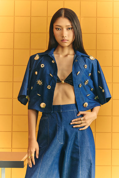 Maison Blu Crop Blazer With Assorted Bold Statement Buttons Plus Flare Pants indian designer wear online shopping melange singapore