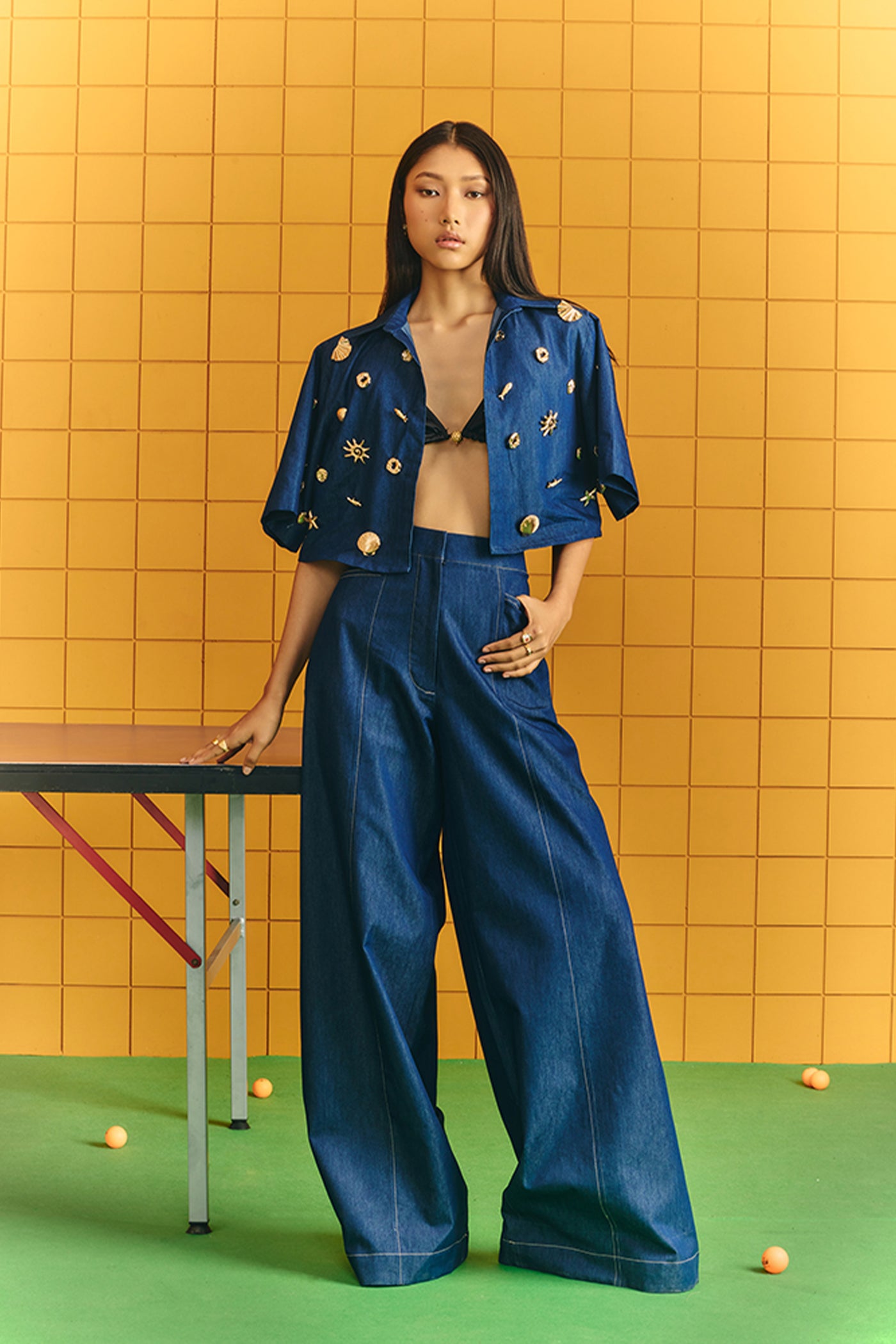 Maison Blu Crop Blazer With Assorted Bold Statement Buttons Plus Flare Pants indian designer wear online shopping melange singapore