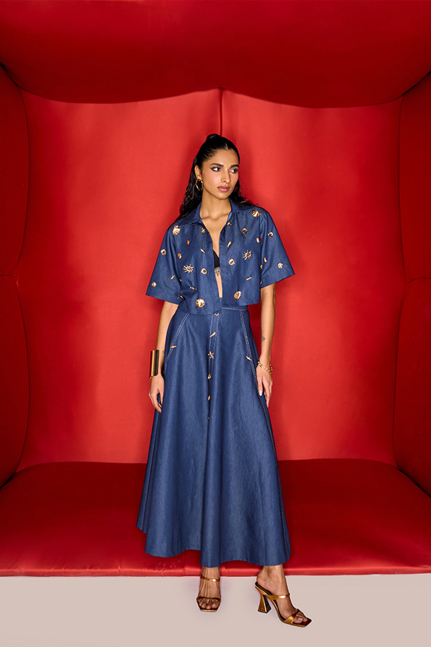 Maison Blu Crop Blazer With Bold Statement Buttons And Midi Skirt indian designer wear online shopping melange singapore