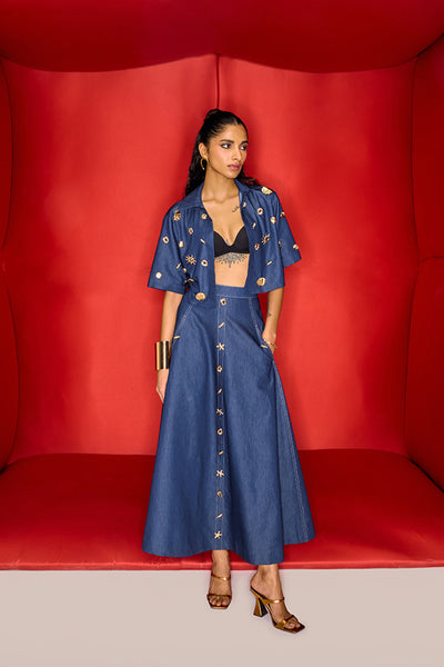 Maison Blu Crop Blazer With Bold Statement Buttons And Midi Skirt indian designer wear online shopping melange singapore