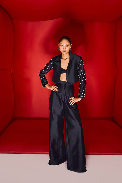 Maison Blu Crop Blazer With Rhinestone Studded Sleeves With Pant indian designer wear online shopping melange singapore