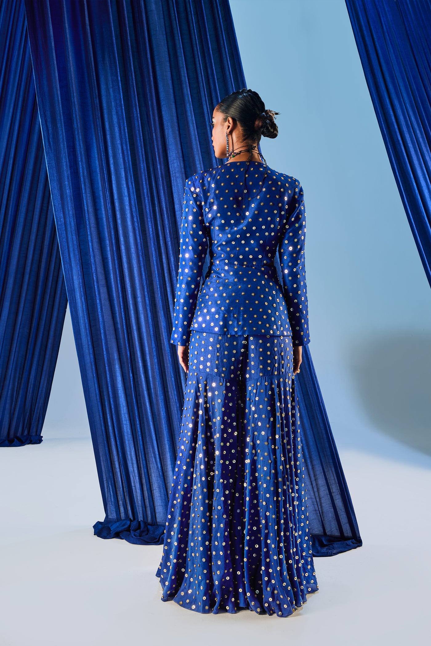 Maison Blu Electric Blue Cut Out Sequence Blazer Set indian designer wear online shopping melange singapore