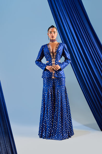 Maison Blu Electric Blue Cut Out Sequence Blazer Set indian designer wear online shopping melange singapore