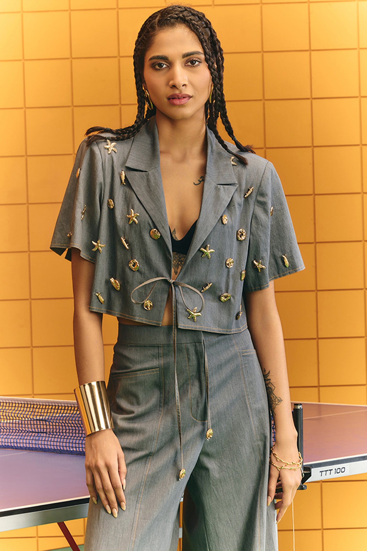 Maison Blu Grey Crop Blazer With Assorted Bold Statement Buttons Plus Flare Pants indian designer wear online shopping melange singapore