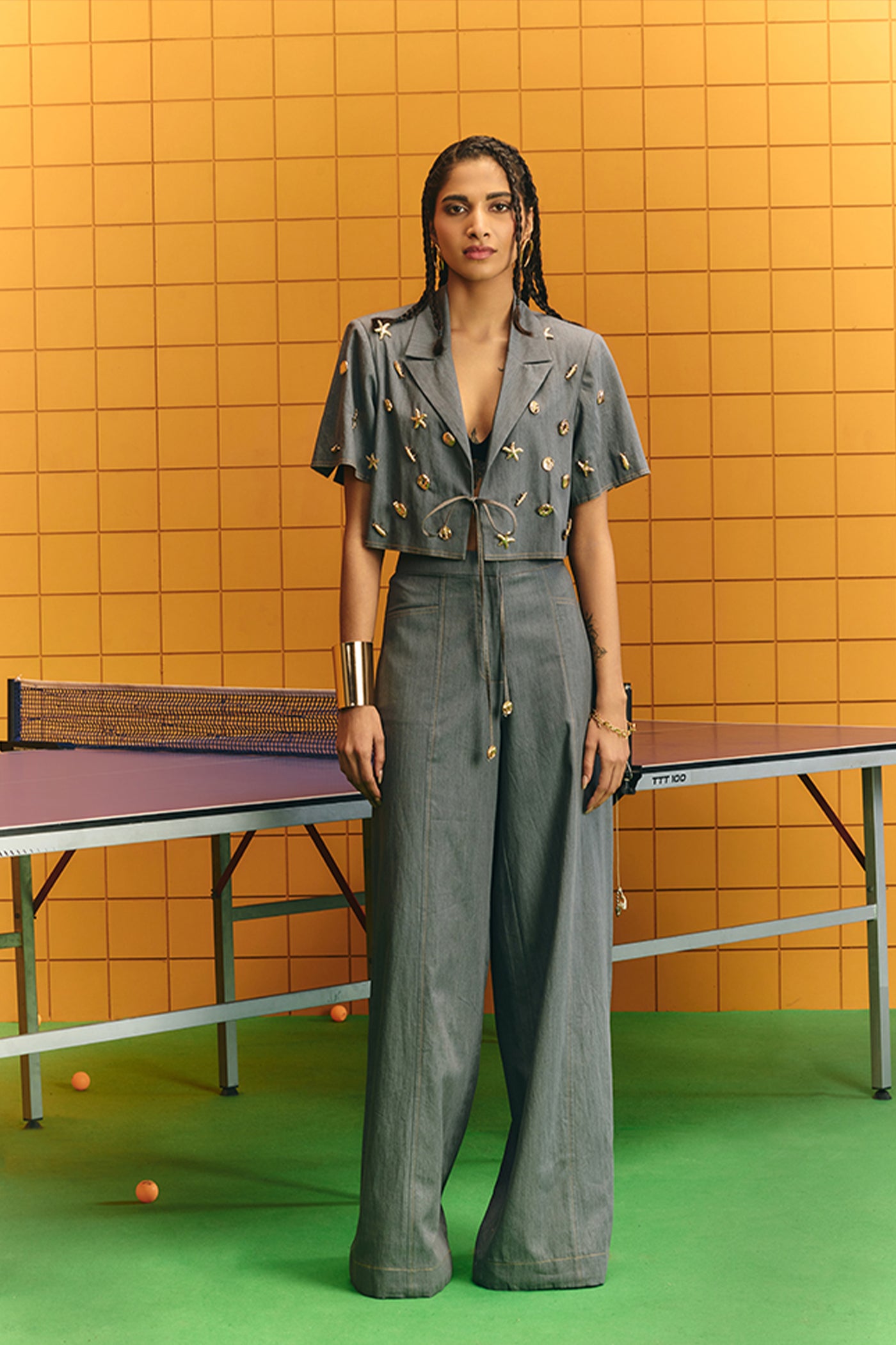 Maison Blu Grey Crop Blazer With Assorted Bold Statement Buttons Plus Flare Pants indian designer wear online shopping melange singapore