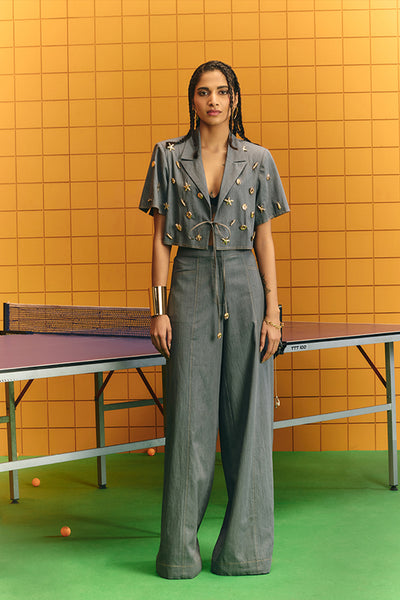 Maison Blu Grey Crop Blazer With Assorted Bold Statement Buttons Plus Flare Pants indian designer wear online shopping melange singapore