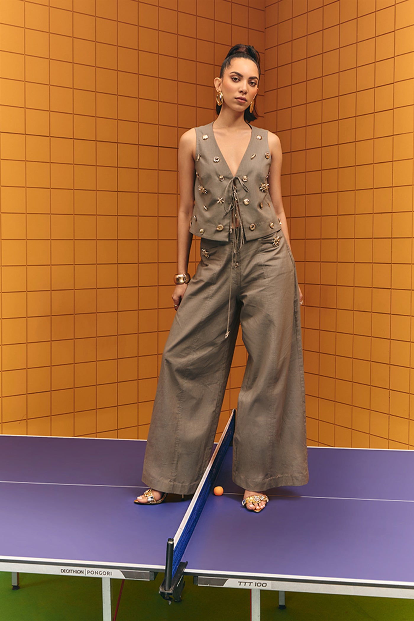 Maison Blu Grey Sleevless Vest With Assorted Bold Buttons Plus Flare Pants indian designer wear online shopping melange singapore
