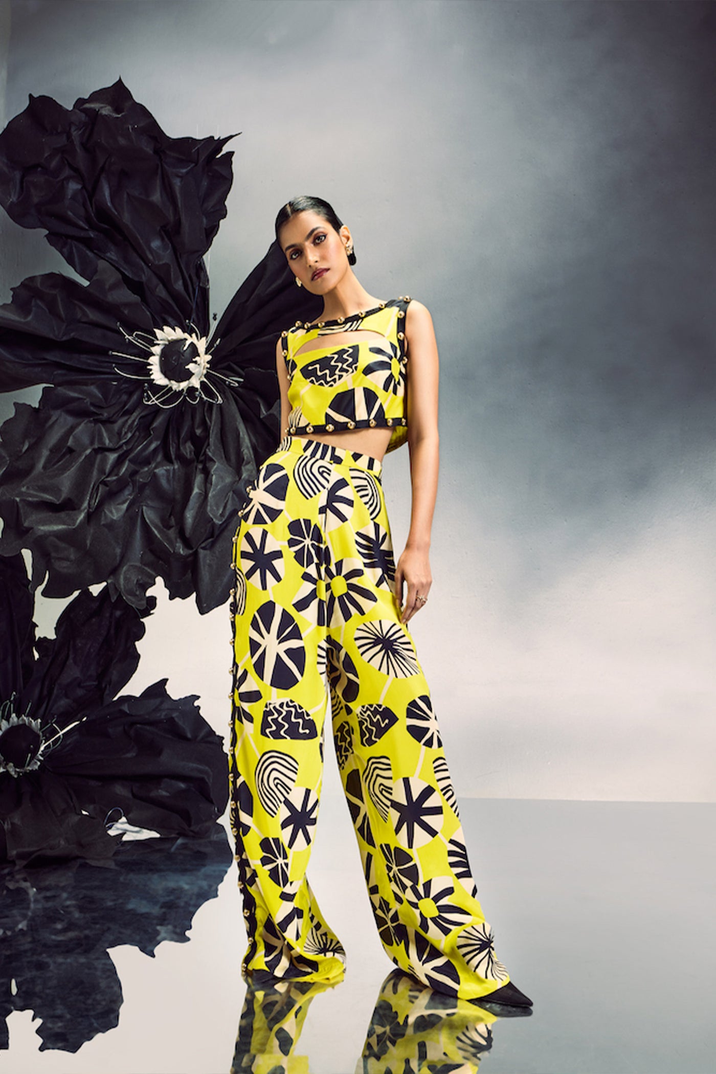 Maison Blu High Neck Cut Out Studded Crop With Pants indian designer wear online shopping melange singapore