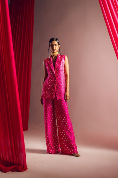 Maison Hot Pink Embellished Side Open Blazer Set indian designer wear online shopping melange singapore