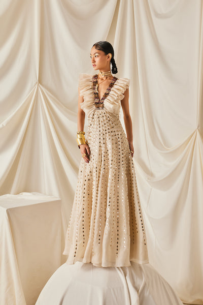 Maison Blu Ivory Fully Embelished Ruffle Jumpsuit indian designer wear online shopping melange singapore