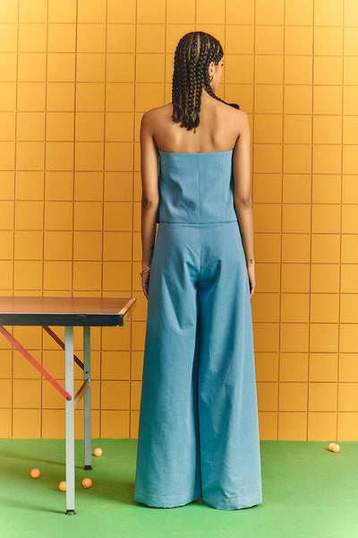 Maison Blu Light Blue Tube Denim With Bold Buttons With Flare Pant indian designer wear online shopping melange singapore