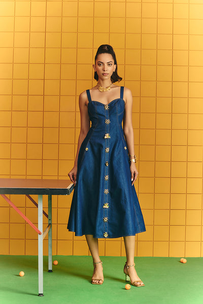 Maison Blu Midi Dress With Bold Statement Buttons indian designer wear online shopping melange singapore