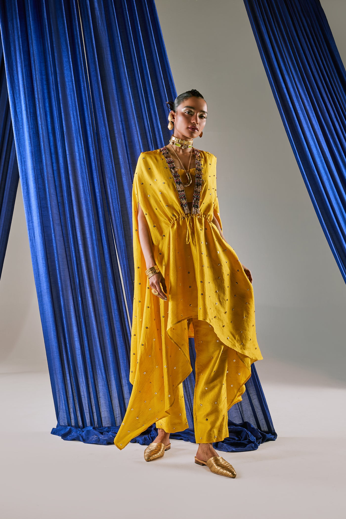Maison Blu Mustard Yellow Cape Set  indian designer wear online shopping melange singapore