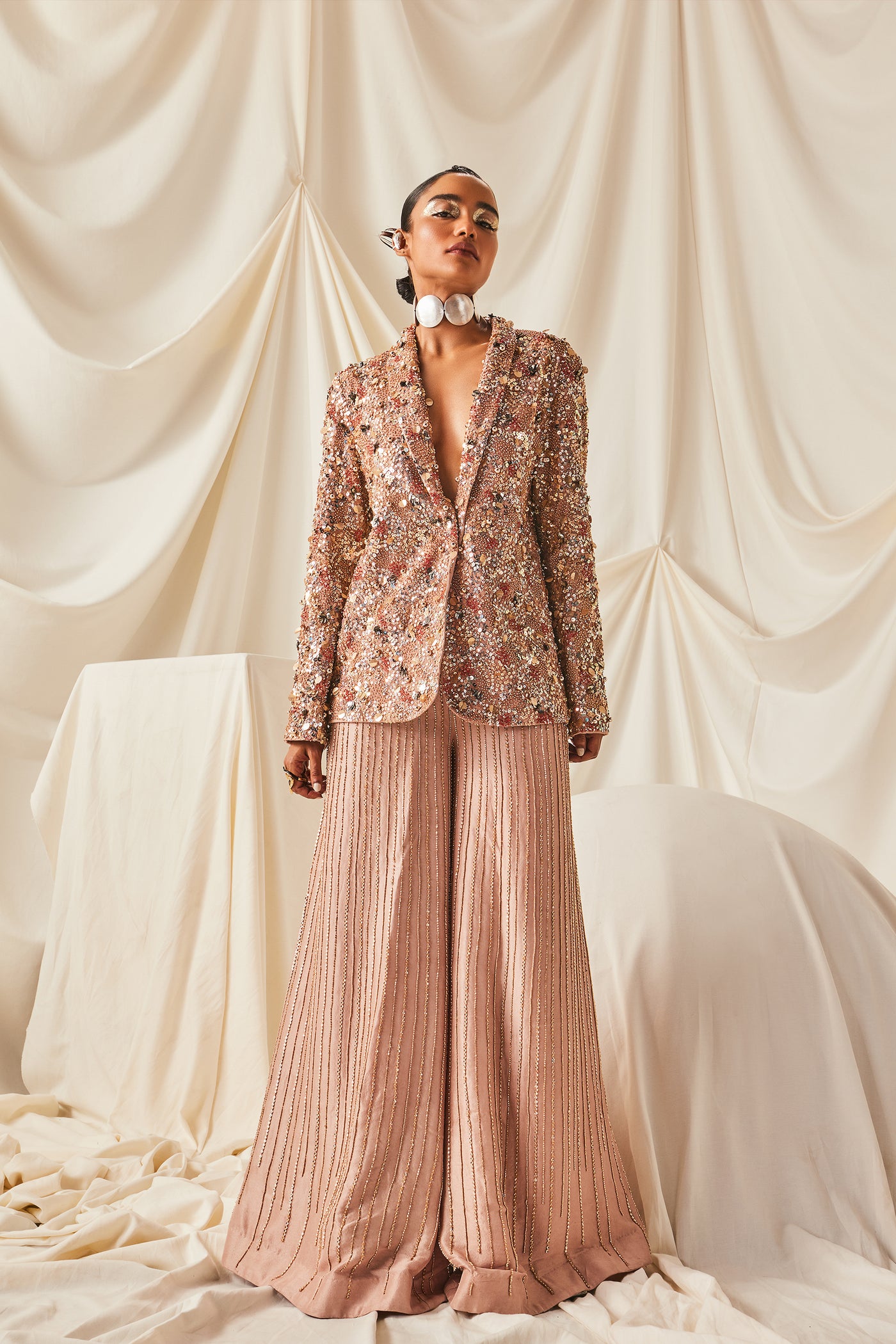 Maison Blu Nude Fully Embellished Blazer Set indian designer wear online shopping melange singapore
