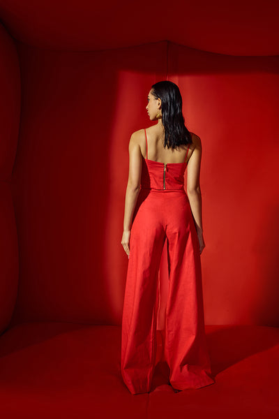 Maison Blu Red Corset Crop With Bold Statement Buttons With Flare Pants indian designer wear online shopping melange singapore
