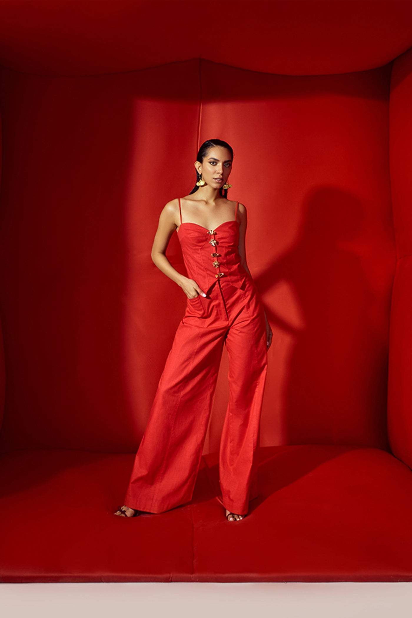 Maison Blu Red Corset Crop With Bold Statement Buttons With Flare Pants indian designer wear online shopping melange singapore
