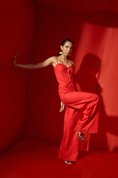 Maison Blu Red Corset Crop With Bold Statement Buttons With Flare Pants indian designer wear online shopping melange singapore

