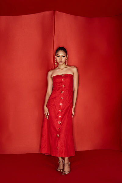 Maison Blu Red Tube Dress With Bold Statement Buttons indian designer wear online shopping melange singapore