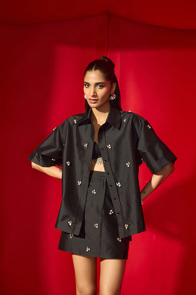 Maison Blu Rhinestone Boxy Shirt And Short Skirt indian designer wear online shopping melange singapore