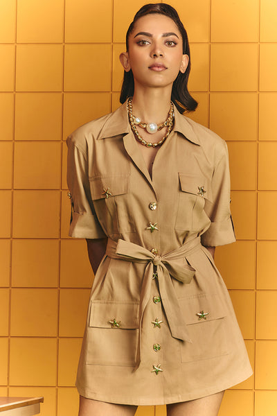 Maison Blu Sand Cargo Dress With Buttons And Pocket Detailing indian designer wear online shopping melange singapore
