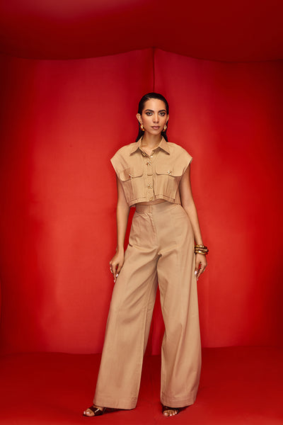 Maison Blu Sand Cargo Jacket With Bold Statement Buttons With Flare Pants indian designer wear online shopping melange singapore