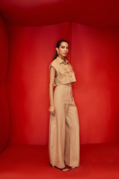 Maison Blu Sand Cargo Jacket With Bold Statement Buttons With Flare Pants indian designer wear online shopping melange singapore