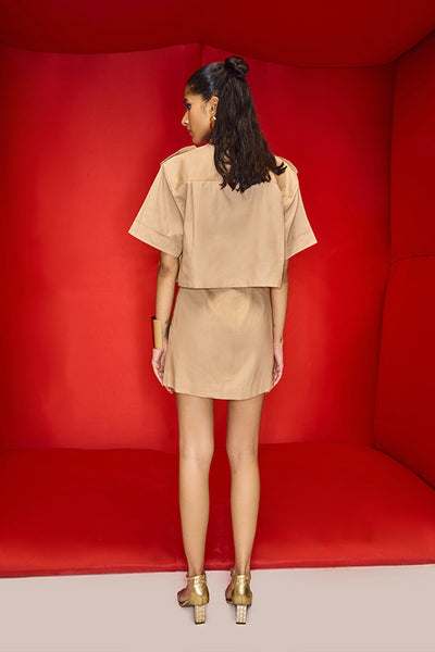 Maison Blu Sand Cargo Shirt With Bold Statement Buttons With Short Skirt indian designer wear online shopping melange singapore
