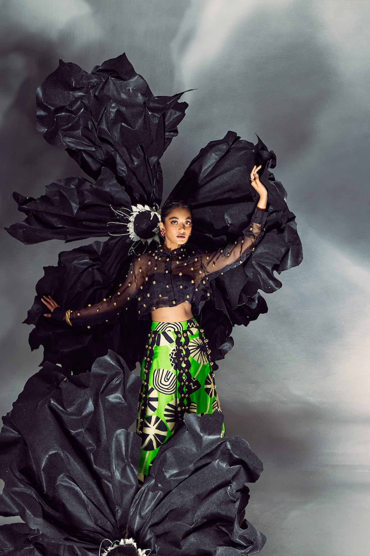 Maison Blu Sheer Studded Crop Shirt With Studded Lehenga indian designer wear online shopping melange singapore