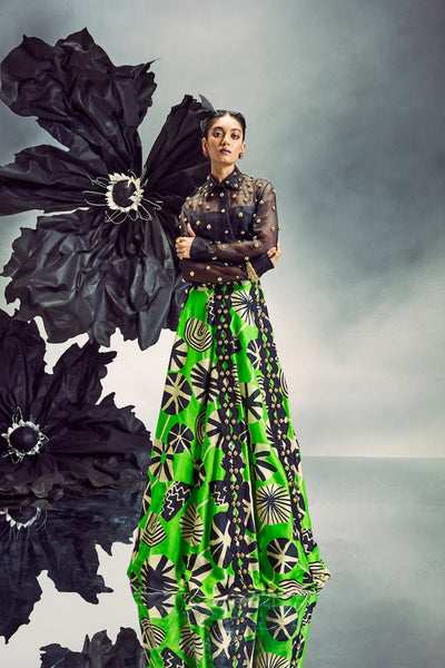 Maison Blu Sheer Studded Crop Shirt With Studded Lehenga indian designer wear online shopping melange singapore