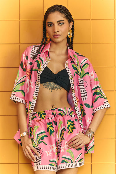 Maison Blu Shirt With Statement Buttons Plus Drawstrings Shorts indian designer wear online shopping melange singapore