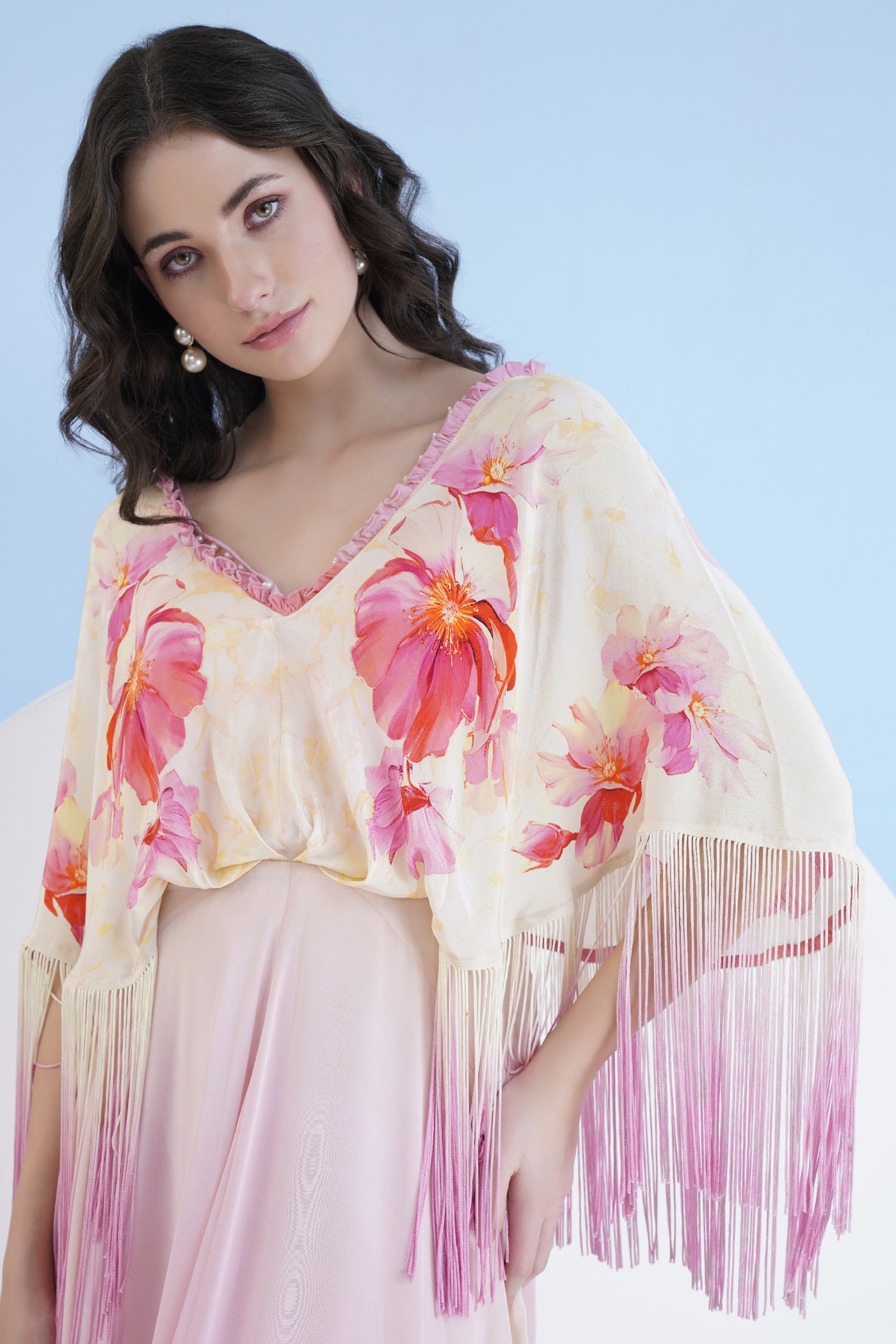 Mandira Wirk Bauhinia Printed Ombre Dress With Pearl Detail And Plunging Neckline indian designer wear online shopping melange singapore