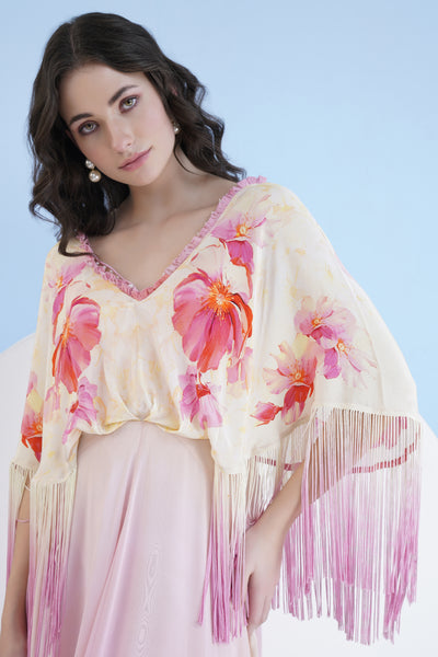 Mandira Wirk Bauhinia Printed Ombre Dress With Pearl Detail And Plunging Neckline indian designer wear online shopping melange singapore