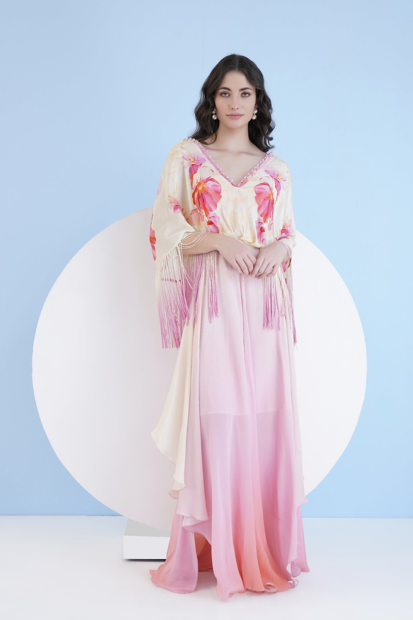 Mandira Wirk Bauhinia Printed Ombre Dress With Pearl Detail And Plunging Neckline indian designer wear online shopping melange singapore