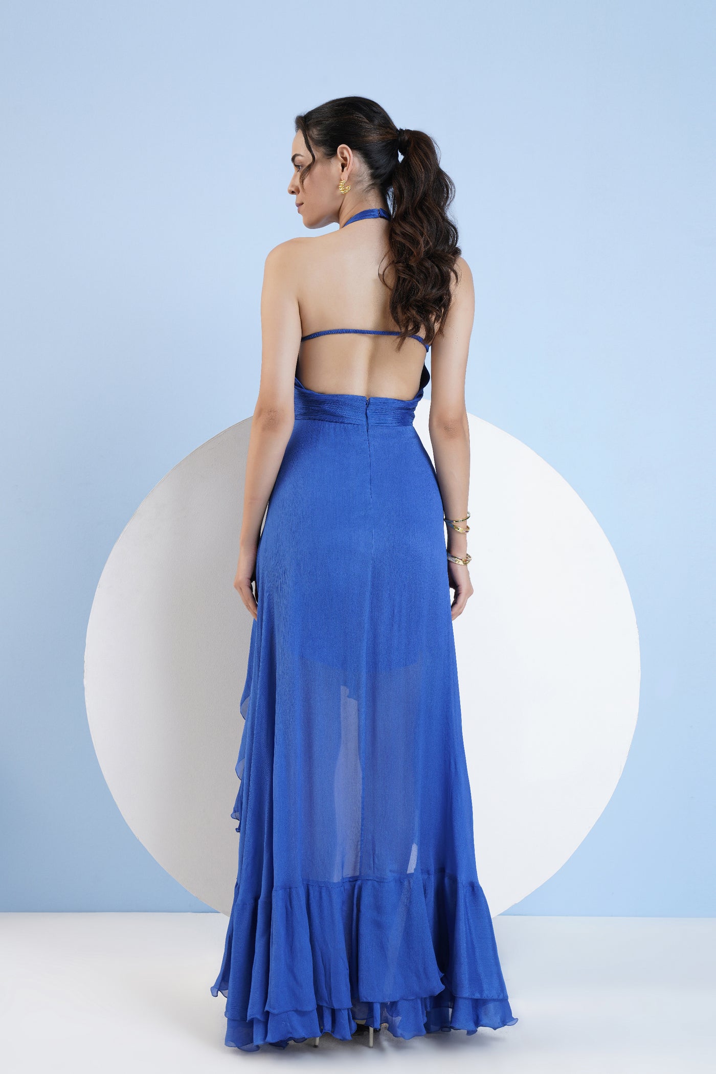 Mandira Wirk Blue Halter Neck  Dress With Embroidery At Waist indian designer wear online shopping melange singapore