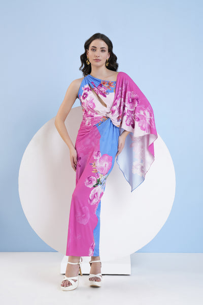 Mandira Wirk Blue Pastoral Jersey Long Dress With Drape Sleeve indian designer wear online shopping melange singapore
