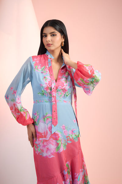 Mandira Wirk Blue Pink Printed Dress Indian designer wear online shopping melange singapore