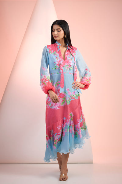Mandira Wirk Blue Pink Printed Dress Indian designer wear online shopping melange singapore