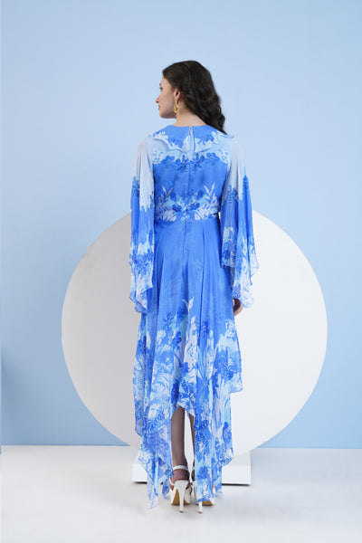 Mandira Wirk Blue Sapphire Printed High Low Dress indian designer wear online shopping melange singapore