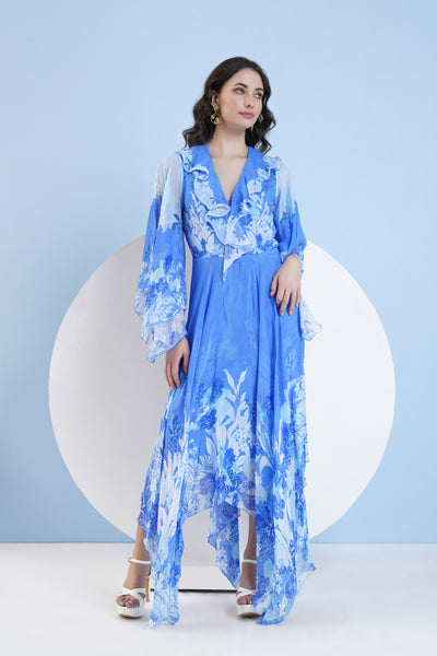 Mandira Wirk Blue Sapphire Printed High Low Dress indian designer wear online shopping melange singapore