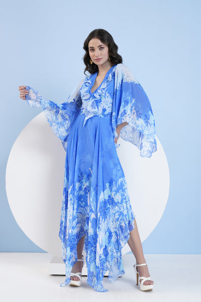 Mandira Wirk Blue Sapphire Printed High Low Dress indian designer wear online shopping melange singapore