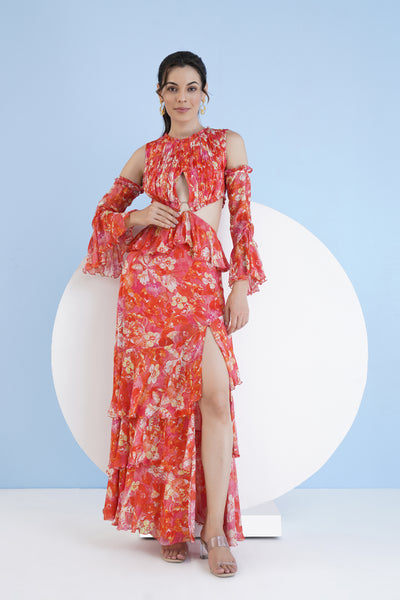 Mandira Wirk Dark Orchid Printed Tiered Dress With Slit And Waist Cutout indian designer wear online shopping melange singapore