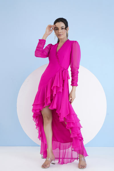 Mandira Wirk Dark Pink High Low Wrap Dress With Elasticated Sleeves And Fringed Hemline indian designer wear online shopping melange singapore