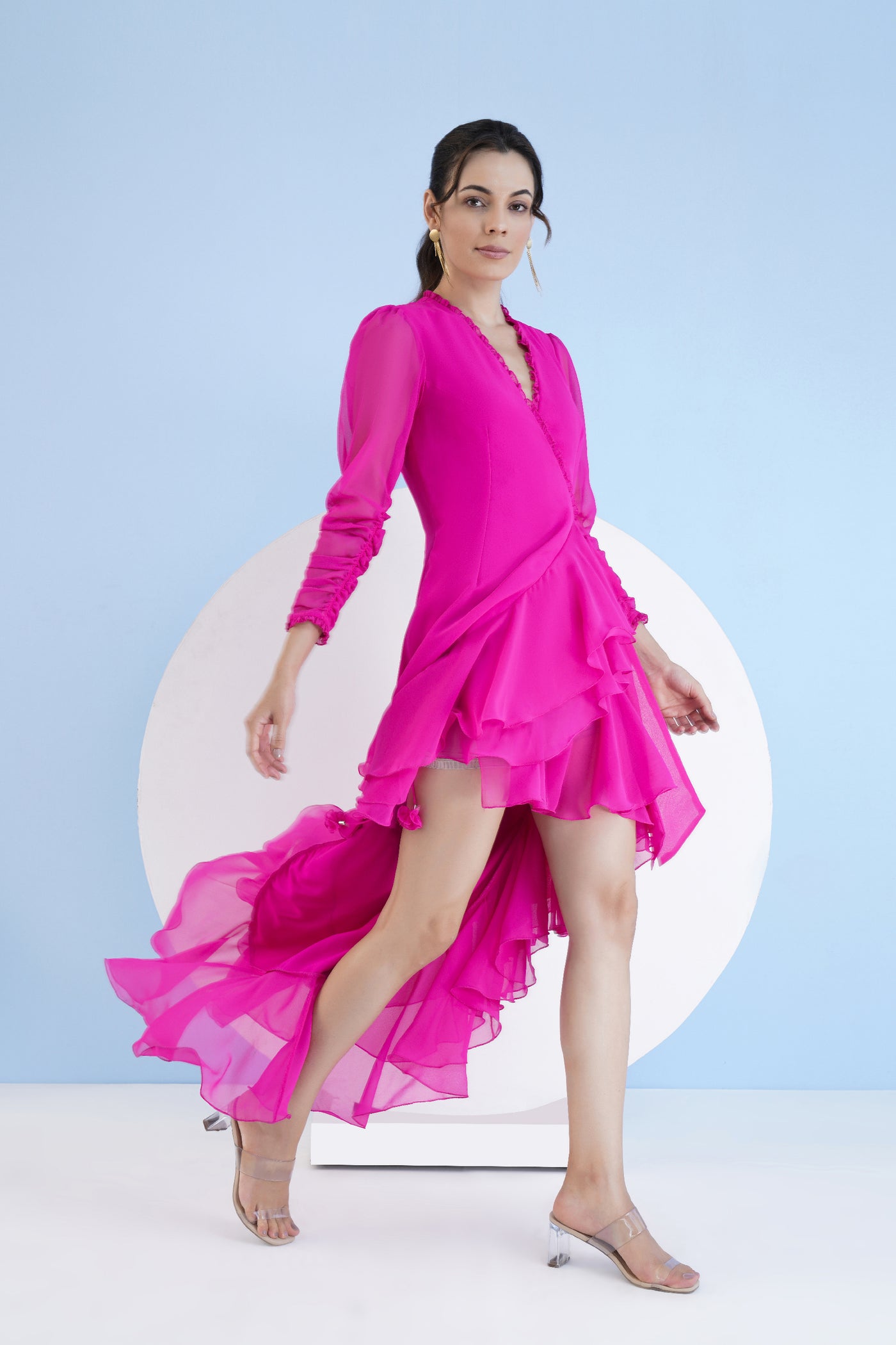 Mandira Wirk Dark Pink High Low Wrap Dress With Elasticated Sleeves And Fringed Hemline indian designer wear online shopping melange singapore