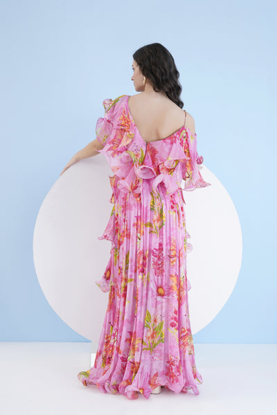 Mandira Wirk Dark Pink Lilium Long Dress With Cascade Detail indian designer wear online shopping melange singapore