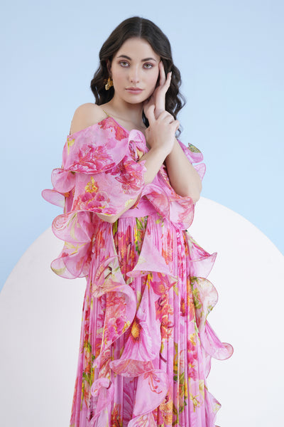 Mandira Wirk Dark Pink Lilium Long Dress With Cascade Detail indian designer wear online shopping melange singapore