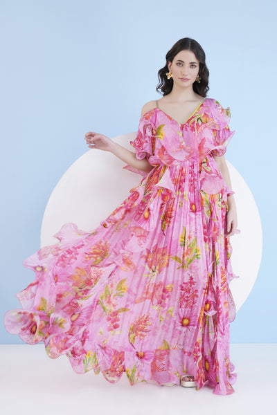 Mandira Wirk Dark Pink Lilium Long Dress With Cascade Detail indian designer wear online shopping melange singapore