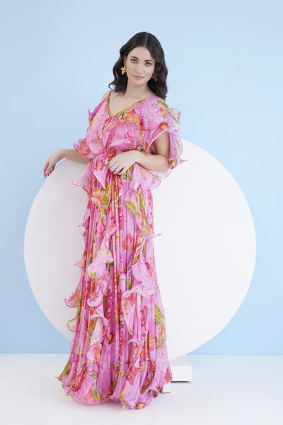 Mandira Wirk Dark Pink Lilium Long Dress With Cascade Detail indian designer wear online shopping melange singapore